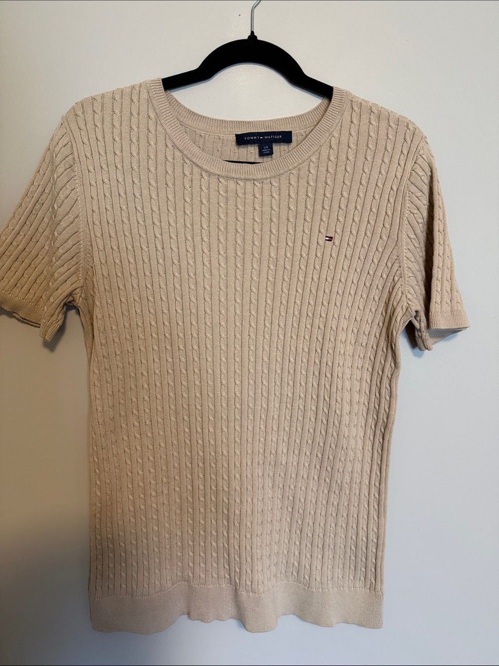 Tommy Hilfiger Neutral Beige Cable Knit Short Sleeve Top